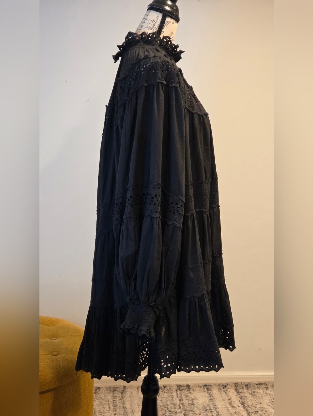 Anthropologie /Maeve Black Eyelet Tiered Mini Dress with Long Sleeves    Size XL - Picture 6 of 15